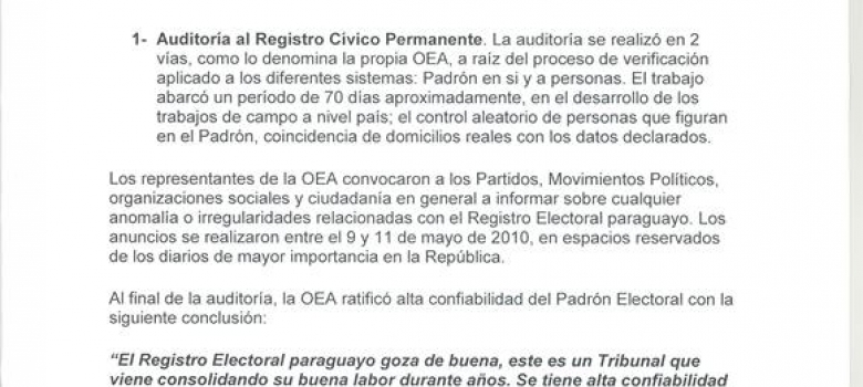 Coordinadora de Elecciones analizó informe de la OEA que revela un Padrón Nacional transparente de casi el 100 por ciento 