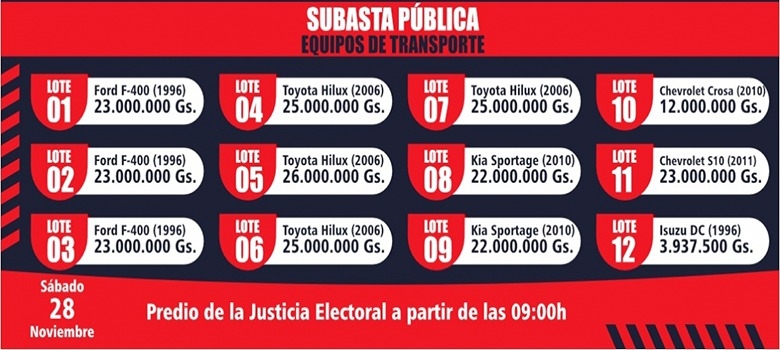 Justicia Electoral rematará vehículos mediante subasta 