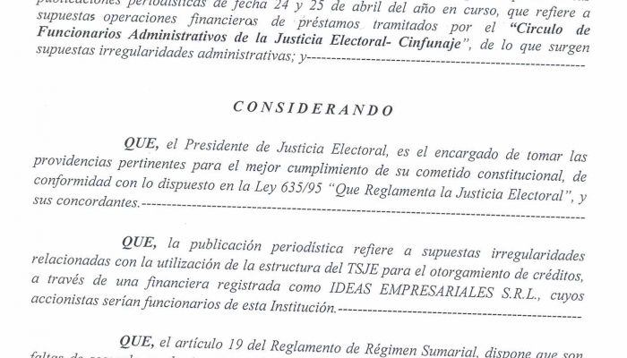 Presidencia del TSJE ordena sumario a funcionarios de AdministraciÃ³n por presuntas faltas administrativas