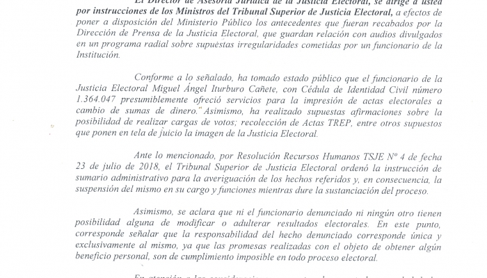 Justicia Electoral presenta denuncia ante FiscalÃ­a General del Estado	