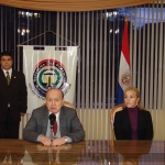 Dr. Ruben Candia Amarilla(Fiscal General del Estado), Dr.Juan Manuel Morales(Pte del TSJE), Abog. Liz Pérez Idoyaga(actual Fiscal Eletoral), Abog. Carmelo Caballero(Ex Fiscal Electoral), en el inicio del acto.