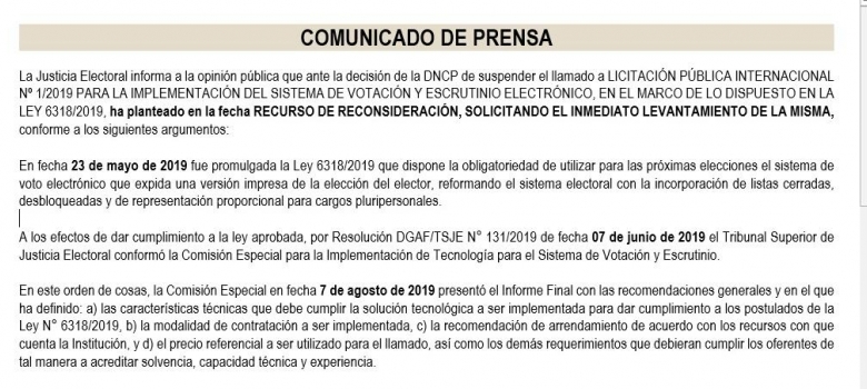 Justicia Electoral solicitó Recurso de Reconsideración a decisión tomada por la DNCP