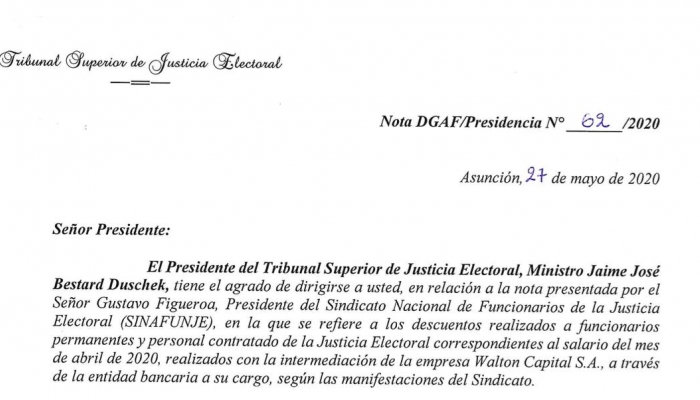 Presidente del TSJE solicita al BNF que los descuentos a los funcionarios electorales se realicen conforme a la ley 