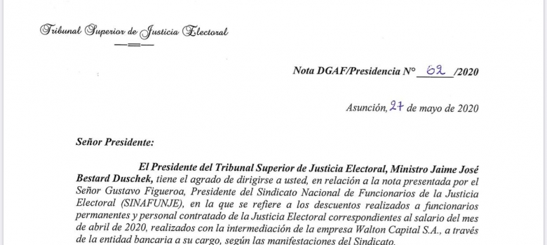 Presidente del TSJE solicita al BNF que los descuentos a los funcionarios electorales se realicen conforme a la ley 