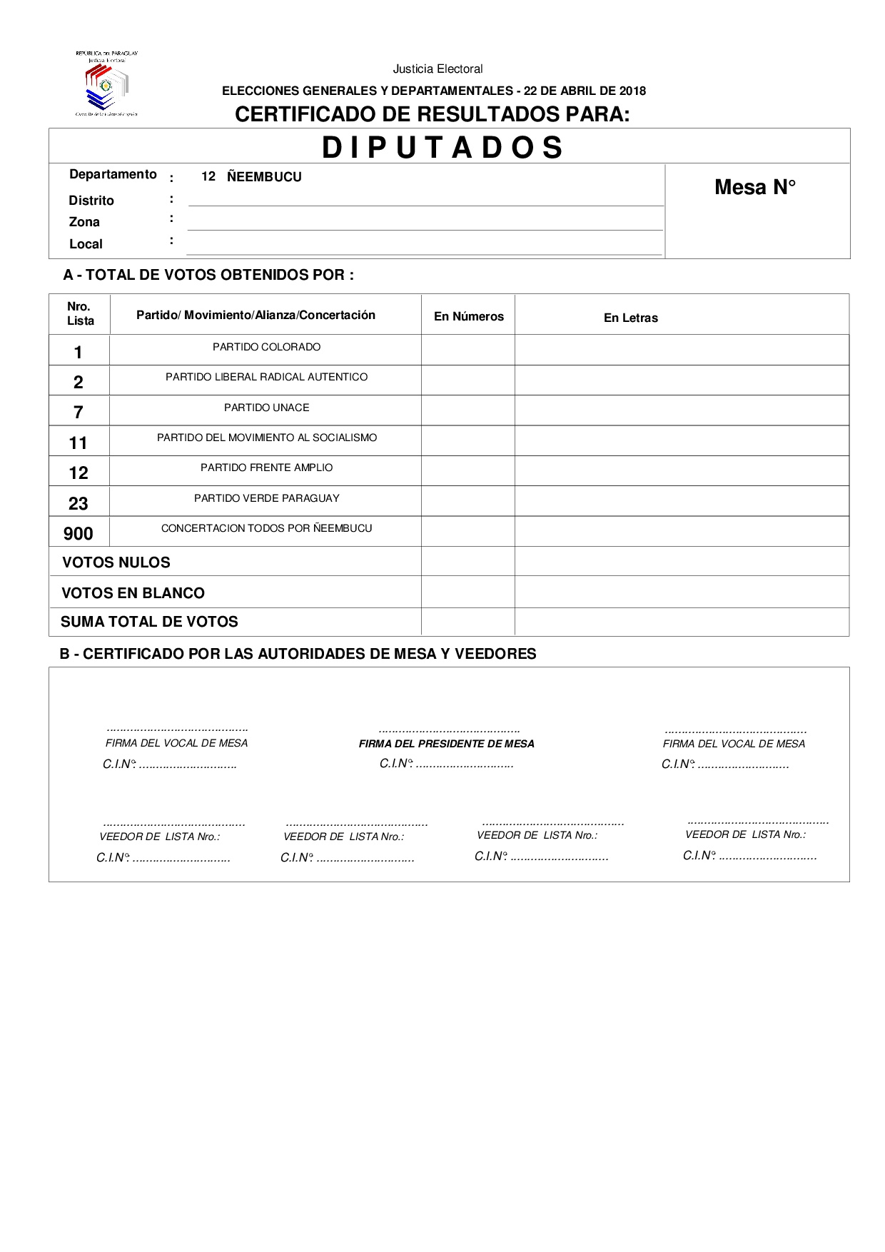 Certificado de Resultados Para Diputados de ÑEEMBUCU