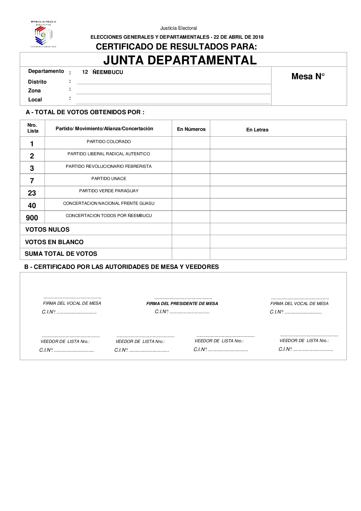 Certificado de Resultados Para JUNTA DEPARTAMENTAL DE ÑEEMBUCU